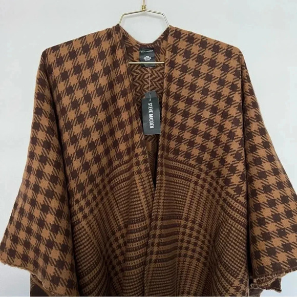 Steve Madden Plaid Kimono Ruana Reversible Brown Multi One Size Fits All - Picture 7 of 13